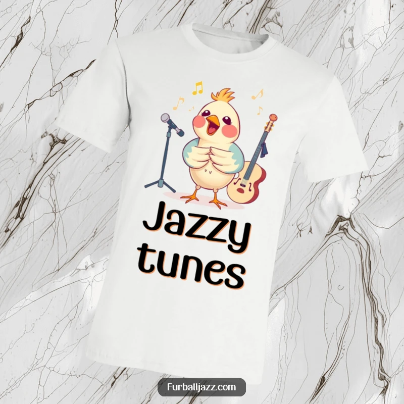 Funny bird belting out a tune with a jazz band, captured in a humorous and lively t-shirt design.