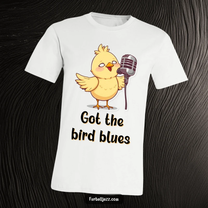 Funny t-shirt featuring a whimsical bird character actively singing into a vintage microphone, capturing a passionate musical moment.