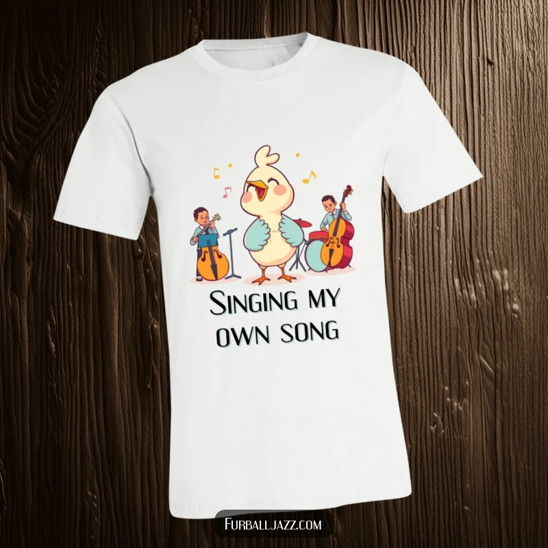 Funny t-shirt depicting a happy bird character joyfully singing with a group of talented jazz musicians.