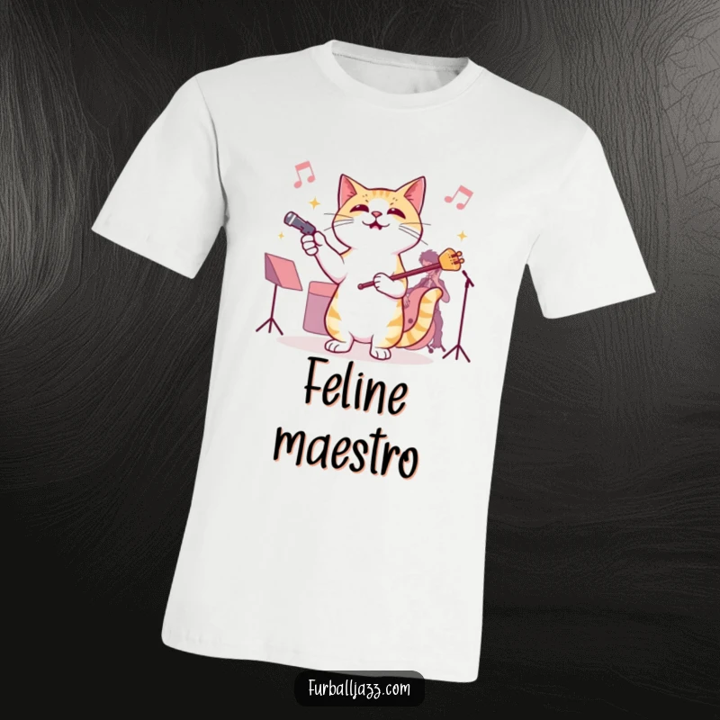 Funny Cat Jazz Conductor T-Shirt, depicting a cat enthusiastically directing an imaginary jazz band, radiating musical joy and feline charisma.