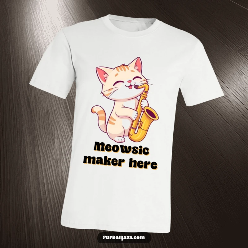 Funny cat playing a saxophone with a joyful, tilted head on a t-shirt.
