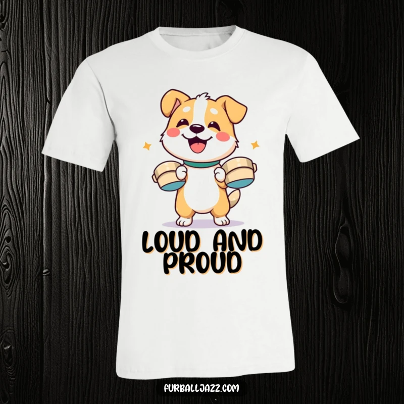 Funny dog character enthusiastically playing cymbals with a smile, a picture of pure happiness on a funny t-shirt.