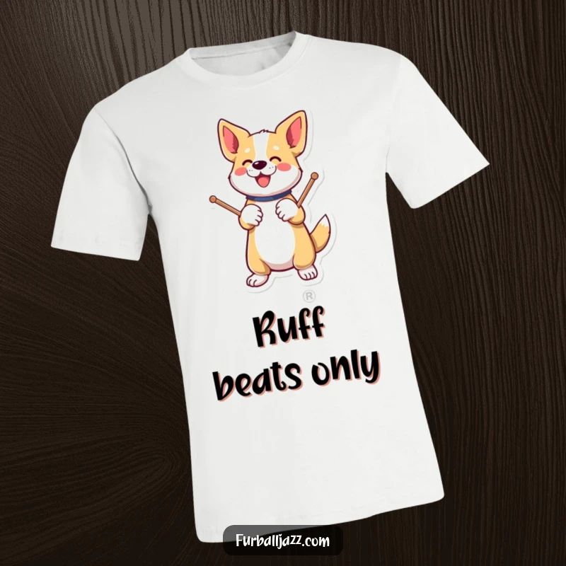 Funny dog energetically tapping drumsticks on a paw on a t-shirt.