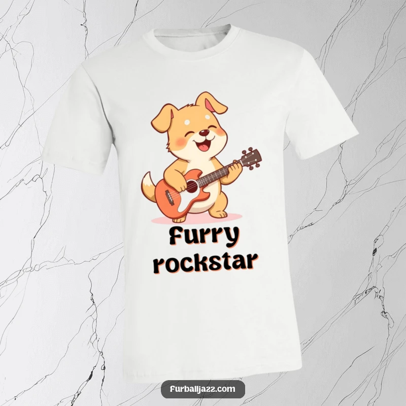 Funny dog t-shirt featuring a joyful dog rocking out on a guitar, exuding happiness and a love for music.