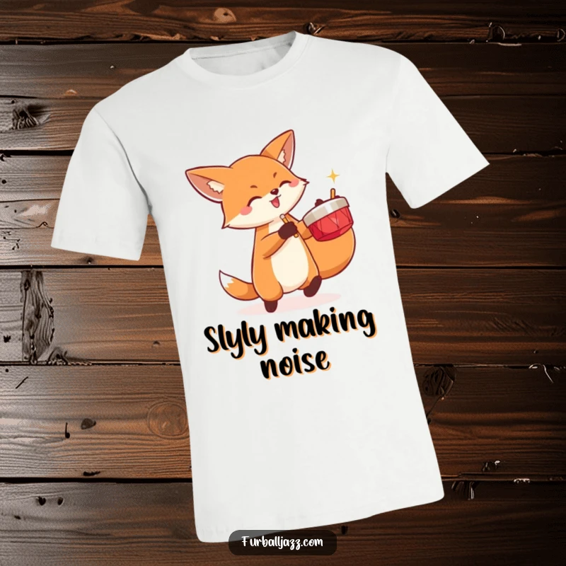 Funny fox energetically playing a pair of cymbals on a t-shirt.