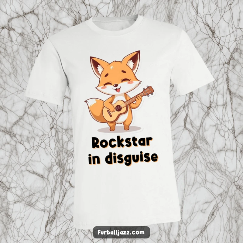 Funny fox character strumming a tiny, stylized guitar with glee, looking cool and musical on a funny t-shirt.