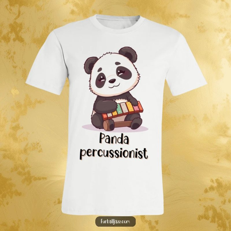 Funny panda t-shirt featuring a delightful panda engrossed in playing a xylophone with a happy, contemplative look, a true music enthusiast.