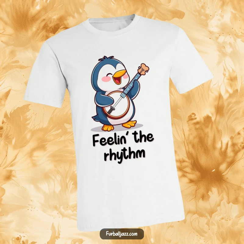 Funny penguin character energetically playing a banjo with a wide, cheerful grin, embodying musical joy.