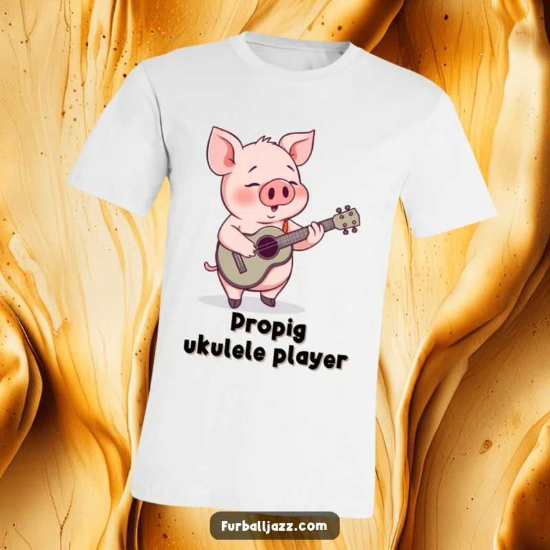 Funny Pig Ukulele T-Shirt: A happy pig strumming a ukulele with a cheerful expression and musical notes.