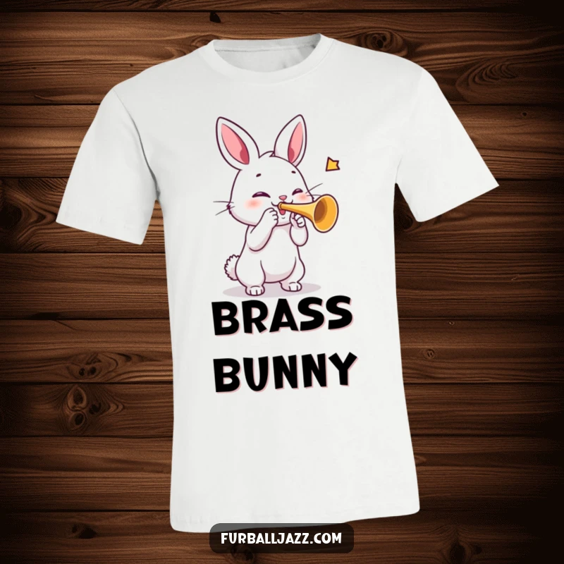 Funny rabbit t-shirt with a rabbit energetically playing a trumpet, radiating joy and a love for music.