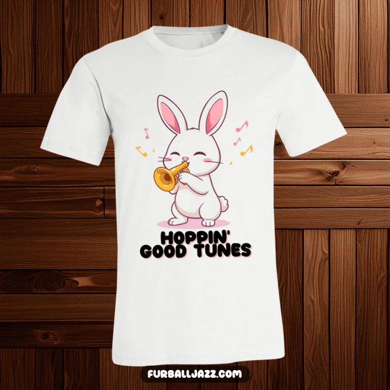 Funny T-Shirt showcasing a delightful rabbit mid-trumpet solo, radiating happiness with bright, musical notes floating around.