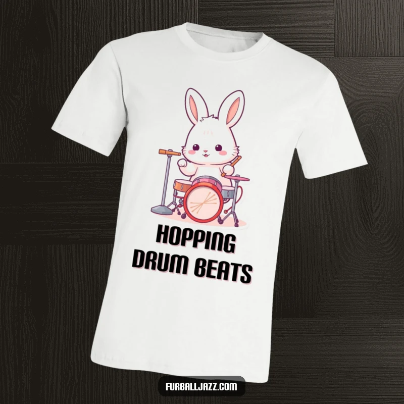 Funny rabbit t-shirt design of a fluffy bunny enthusiastically playing a miniature drum kit, creating a lively and percussive vibe.