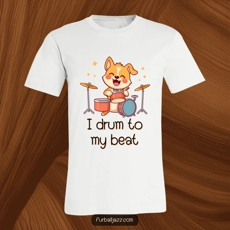 Funny t-shirt with an exuberant dog character energetically playing a drum set, radiating pure joy and musical passion.