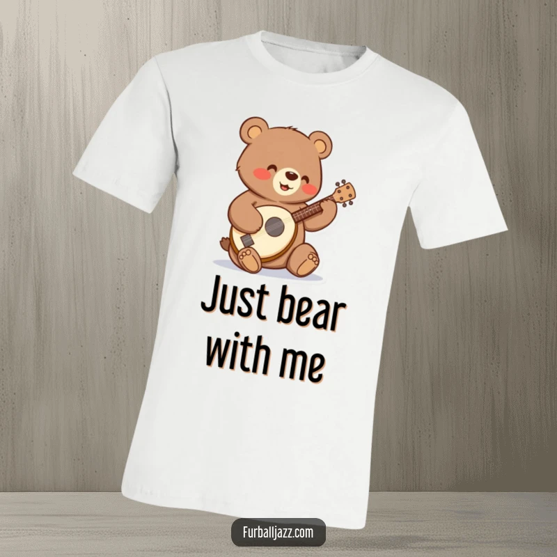 Funny bear strumming a tiny banjo with a happy expression on a t-shirt.