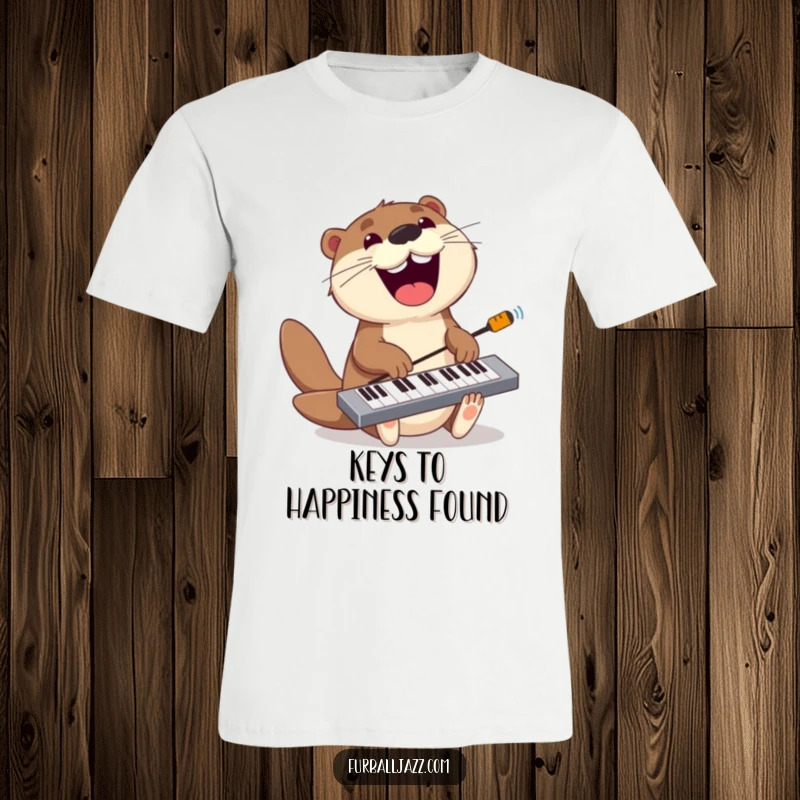 Funny otter t-shirt depicting a playful otter jamming on a keyboard with a wide, infectious grin and musical energy.