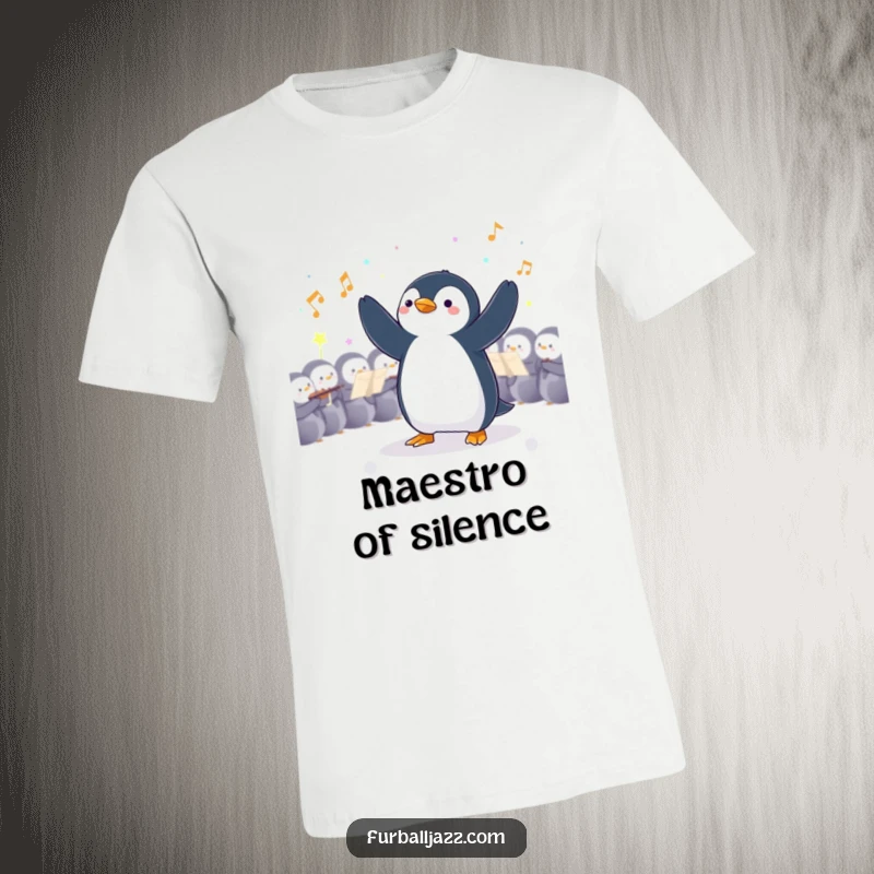 Funny Penguin Conductor T-Shirt: A charismatic penguin in full conducting motion, with an imaginary orchestra.