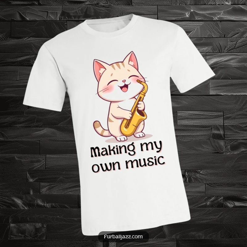 Funny Cat T-Shirt depicting a cute, joyful cat playing a saxophone with a cool, jazzy attitude, perfect for music fans.