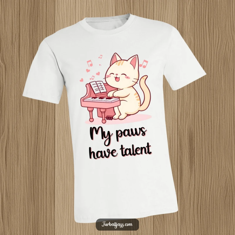 Funny cat t-shirt featuring a cute cartoon cat enthusiastically playing a piano, ideal for music lovers and cat enthusiasts.