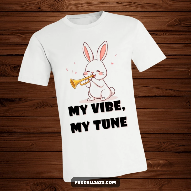 Funny Rabbit Trumpet T-Shirt depicting a cheerful rabbit blowing a tune on a trumpet with enthusiasm, embodying musical joy.