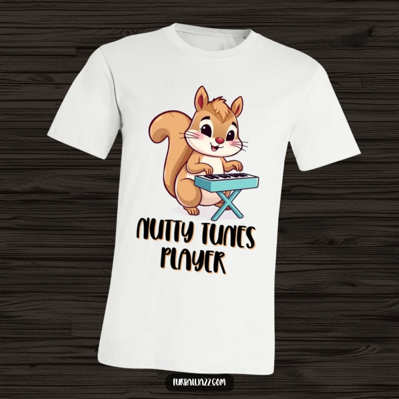 Funny Squirrel t-shirt with a squirrel energetically playing a miniature piano, a humorous design for musicians.