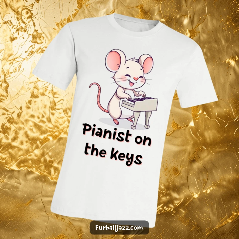 Funny Mouse Piano T-Shirt: A happy mouse playing a piano with its tiny paws, full of musical energy.