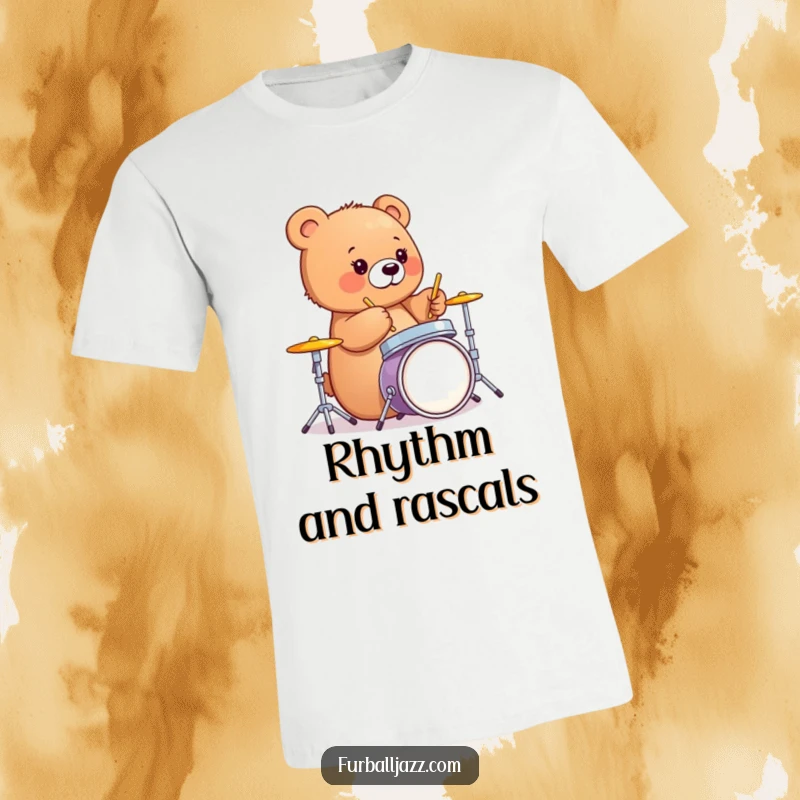Funny bear cub enthusiastically playing drums with drumsticks, a humorous t-shirt for music lovers.