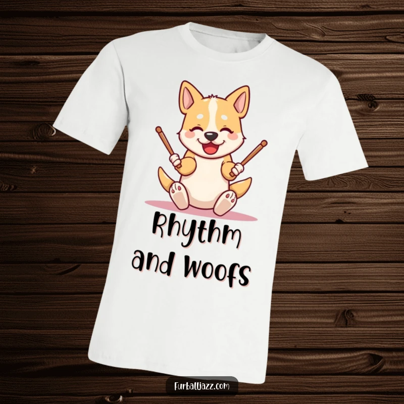 Funny dog t-shirt depicting an energetic character tapping drumsticks on its knees, embodying musical talent and humorous canine enthusiasm.