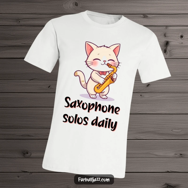 Funny cute cat playing a saxophone with vibrant energy, looking cool and musical on a comfortable, funny t-shirt.
