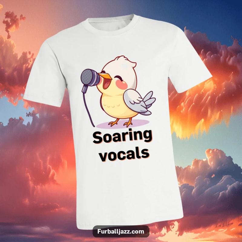 Funny bird with a huge smile singing into a microphone on a t-shirt, a vibrant and hilarious avian rockstar.