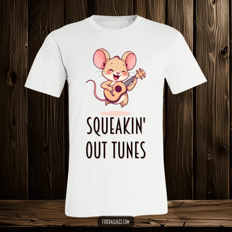 Funny mouse character with intense focus, energetically playing a miniature ukulele with a cheerful vibe.