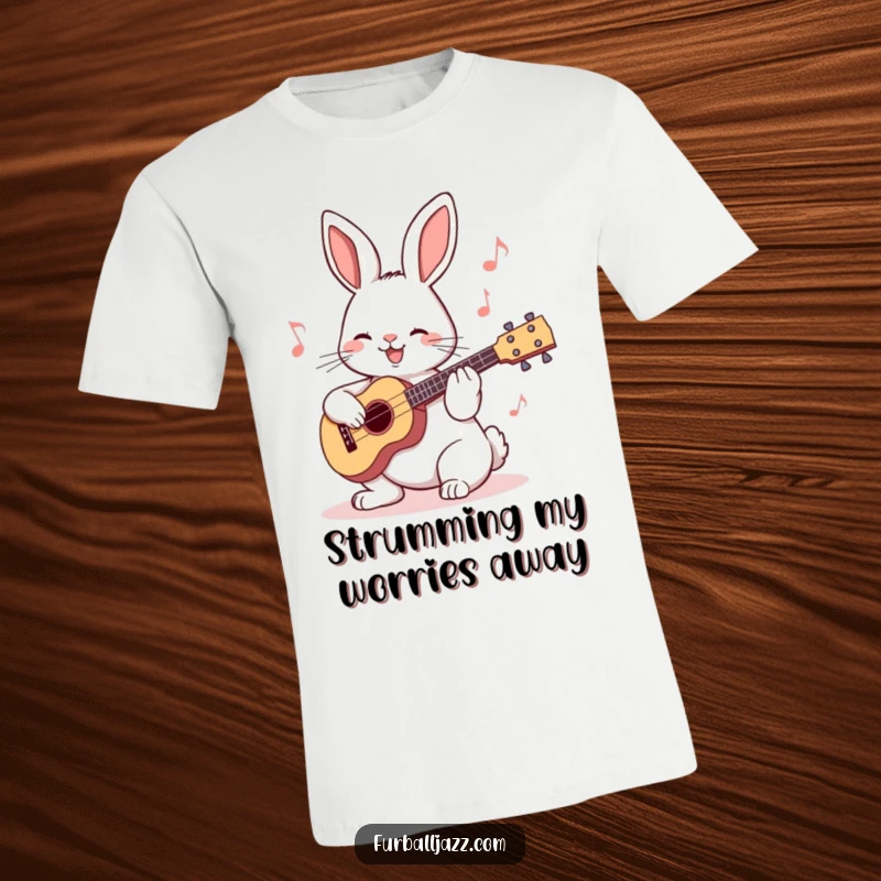 Funny Rabbit Ukulele T-Shirt with a cute bunny musician playing a tiny ukulele, expressing joy and a love for music.