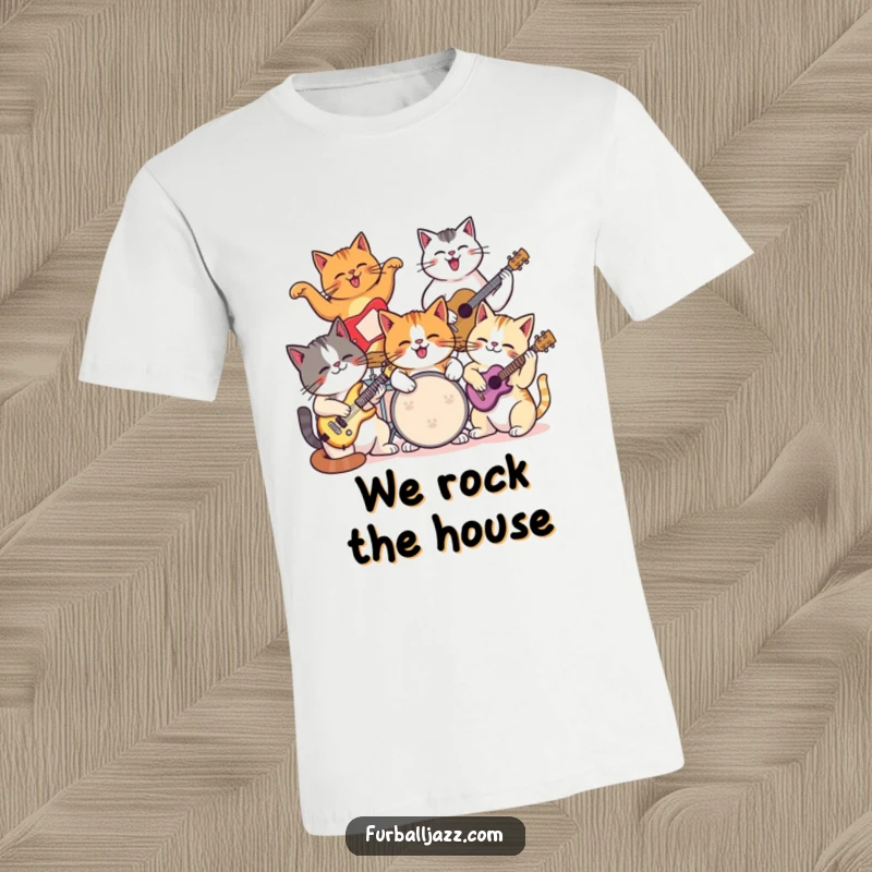 Funny cat t-shirt depicting a group of cats excitedly playing various musical instruments in a jam session.