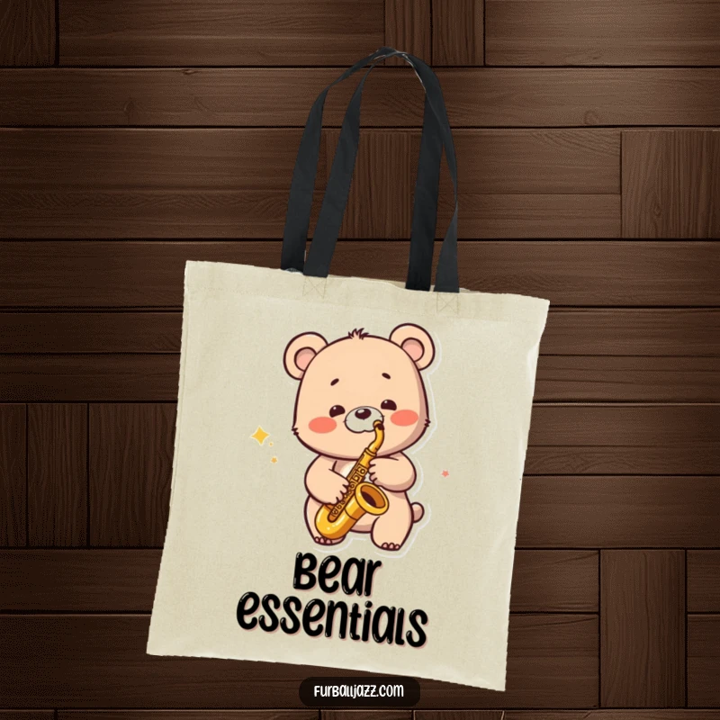 Funny Jazzy Bear Tote Bag: A bear character playing a saxophone with a wide smile, perfect for carrying essentials.
