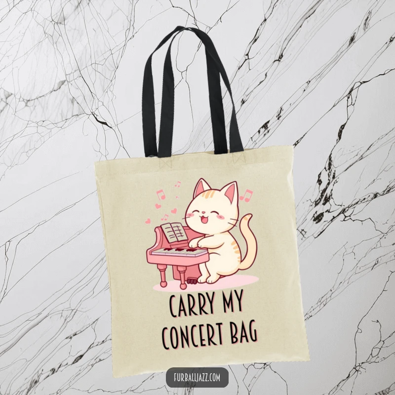 Funny cat tote bag featuring a musically inclined cat playing a piano, practical for shopping and a great funny gift.