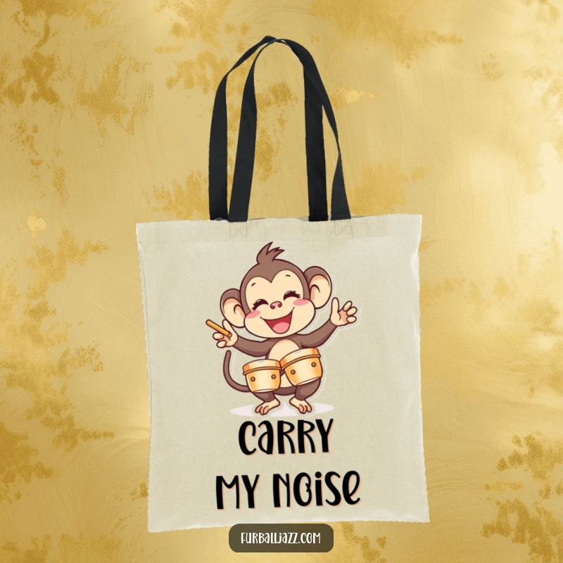 Funny Monkey Tote Bag: A cheerful monkey energetically playing cymbals, ideal for carrying groceries or gear with a smile. Great funny gift.