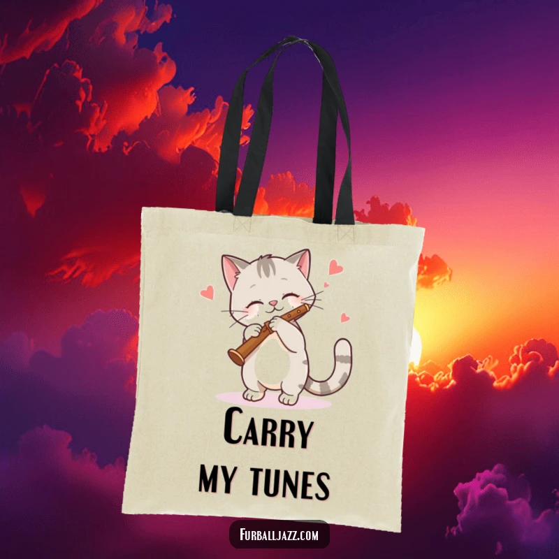 Funny Cat Tote Bag: A stylish cat playing a clarinet with rhythm, perfect for carrying daily items with musical charm. Great funny gift.