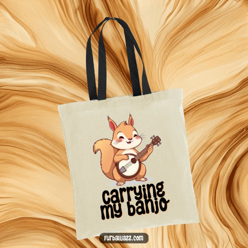 Funny squirrel playing a banjo on a tote bag, a humorous and practical accessory for music fans.
