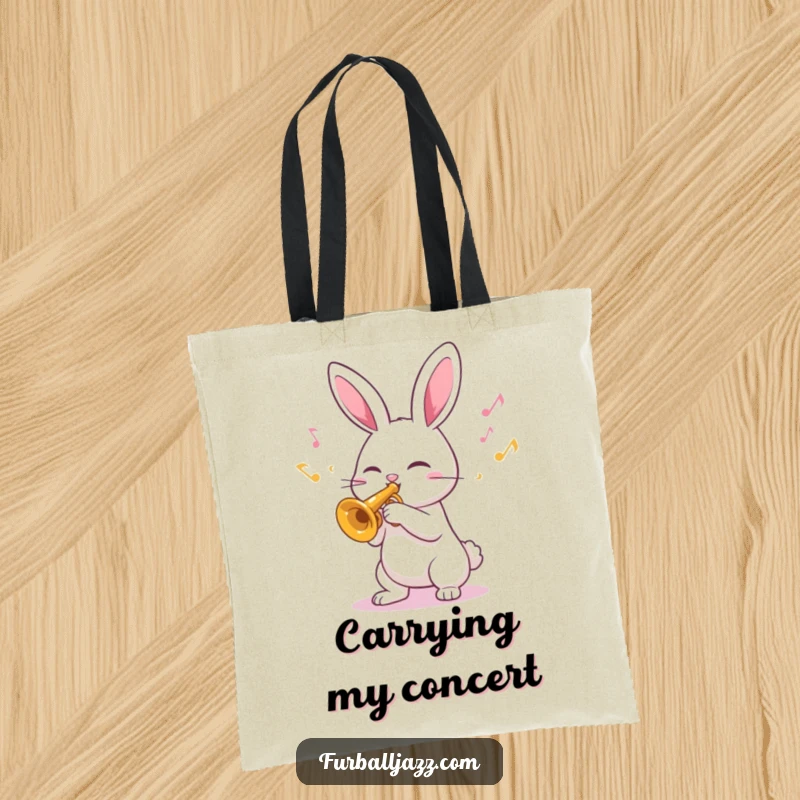Funny Tote Bag with a delightful rabbit playing a trumpet, musical notes symbolizing happiness and a love for melody.