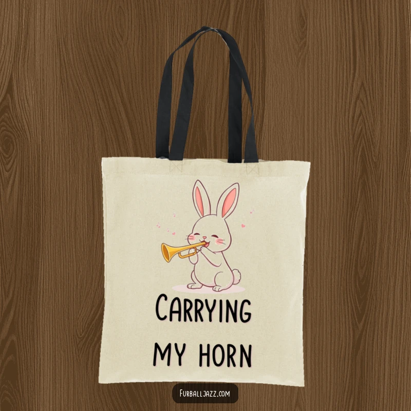 Funny Rabbit Trumpet Tote Bag with a cheerful rabbit blowing a tune on a trumpet, a stylish accessory for music fans.