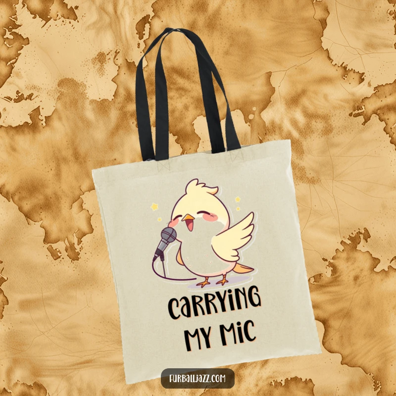 Funny Bird Microphone Tote Bag with a cheerful bird singing into a small microphone, great for carrying music essentials.