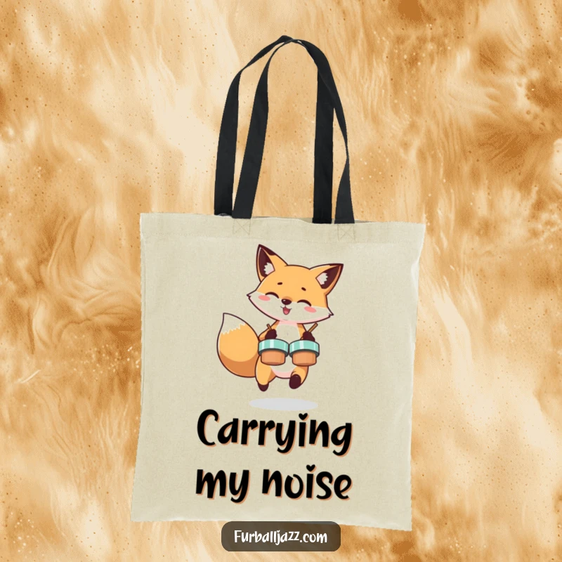 Funny tote bag featuring a dynamic fox enthusiastically playing cymbals, ideal for carrying essentials with a dose of musical comedy.