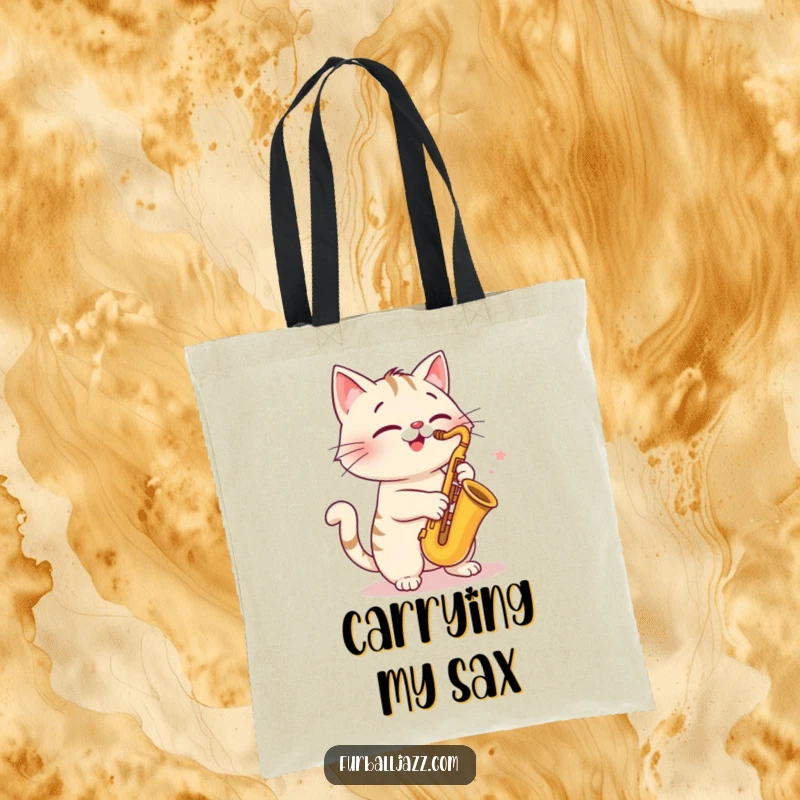 Funny cat saxophone tote bag, cheerfully playing music, a practical and humorous accessory for cat and music lovers.