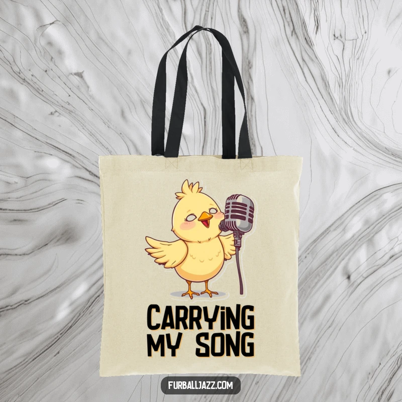 Funny tote bag with a whimsical bird singing into a vintage microphone, adding a musical and charming touch to everyday use.