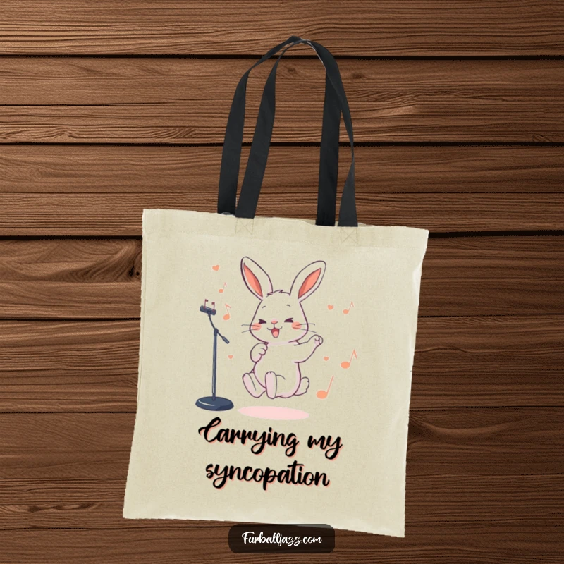 Funny Rabbit Tote Bag with a rabbit tapping its foot rhythmically to a jazz beat, perfect for carrying music or essentials.