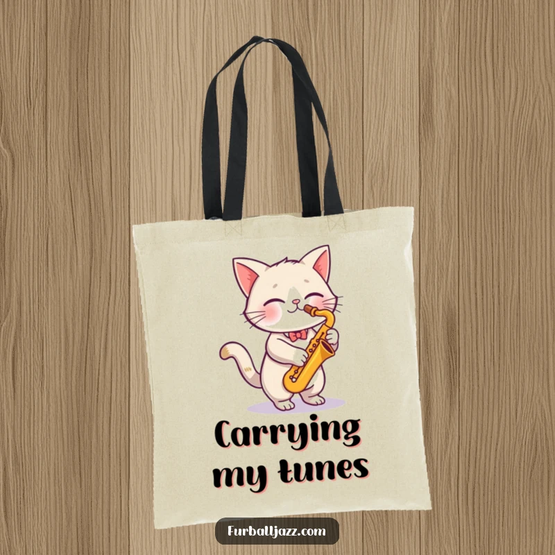 Funny cute cat playing a saxophone with vibrant energy, a musical marvel on a stylish and funny tote bag.
