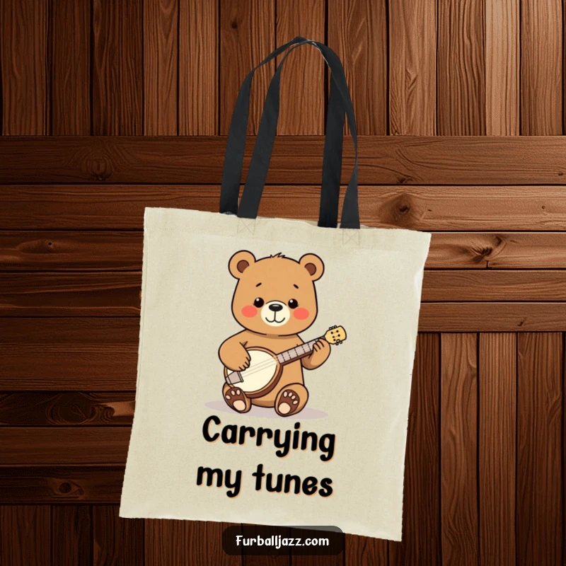 Funny Bear Banjo Tote Bag with a happy bear strumming a tiny banjo with pure joy, a stylish accessory for music fans.