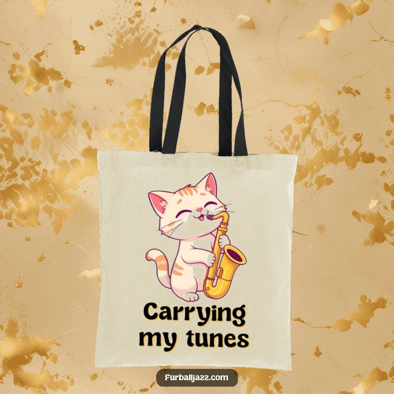 Funny cat playing a saxophone with a joyful, tilted head on a tote bag.