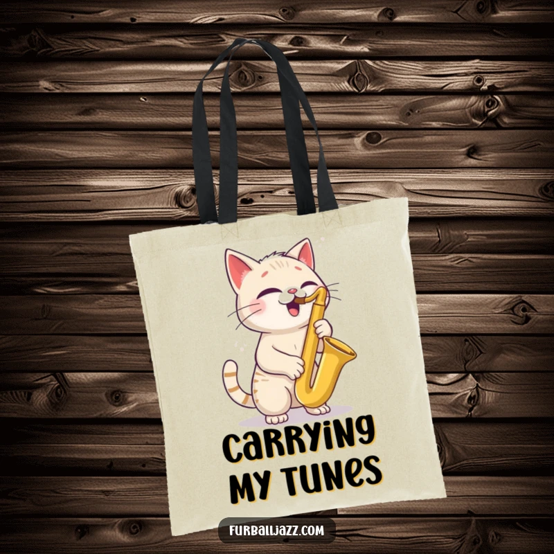 Funny Cat Saxophone Tote Bag with a cool cat tilting its head joyfully while playing a saxophone, a stylish accessory for music fans.