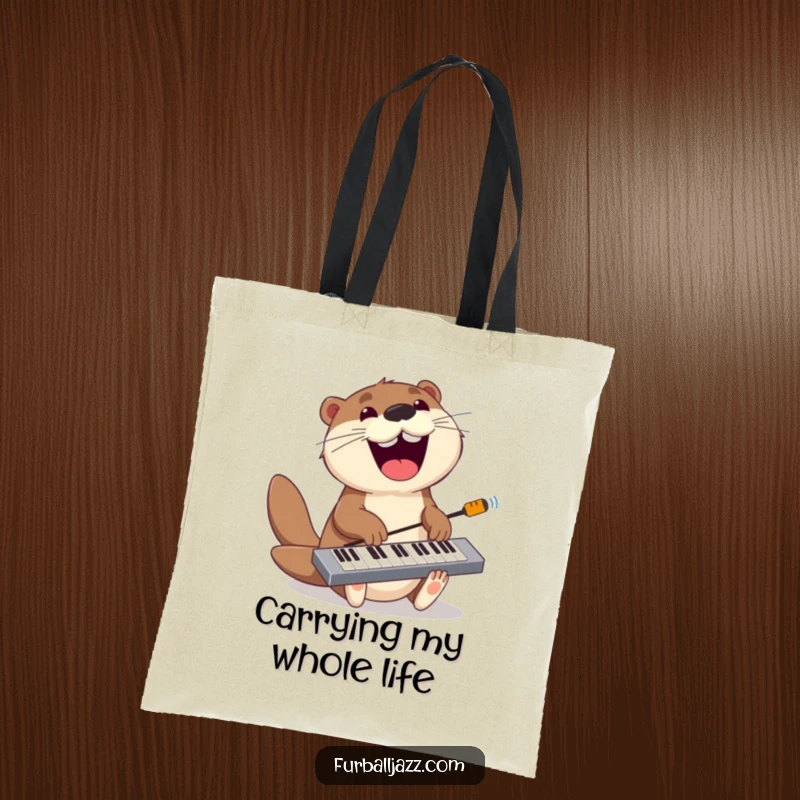 Funny otter tote bag showing a playful otter jamming on a keyboard with a wide grin, perfect for carrying daily essentials.