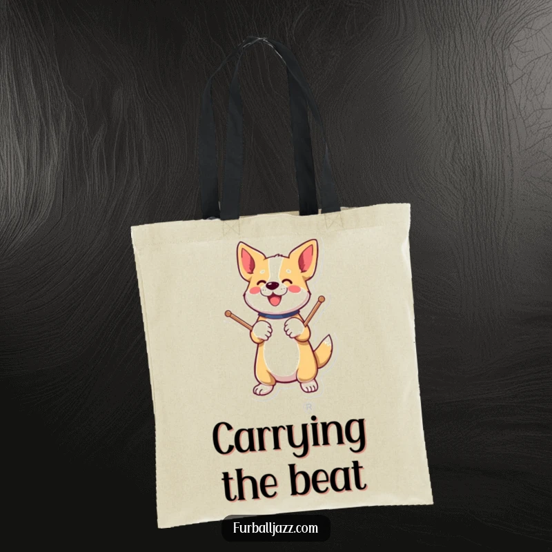 Funny dog energetically tapping drumsticks on a paw on a tote bag.